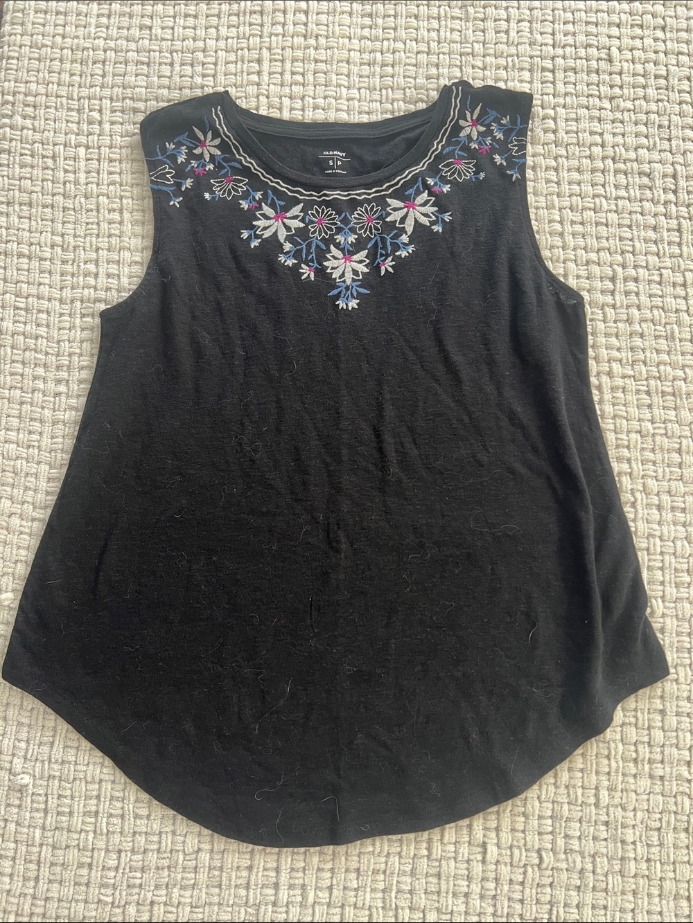 Old Navy Black Sleeveless Tank with Blue, White and Pink Floral Embroidery